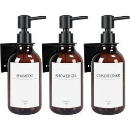 Набір дозаторів для мила та шампуню на стіну, 500 мл, 3 шт. з етикетками, без свердління, для ванної кімнати, янтарно-коричневий, чорний насос