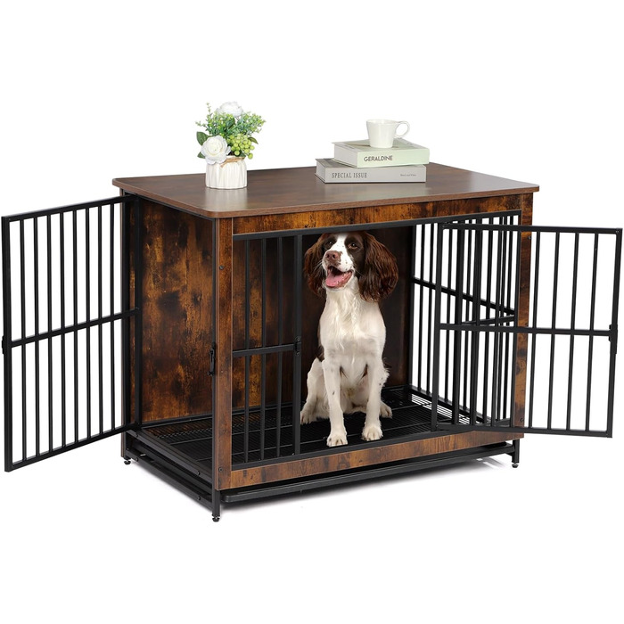 Дерев'яний вольєр для собак з двома дверцятами, міцний вольєр-будка для великих, середніх та малих собак, знімний піддон, 97.5 x 97.5x59x77.5 см