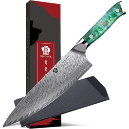 Японський ніж WILDMOK Santoku 20см з дамаської сталі, VG10, ручка з зеленого пластику
