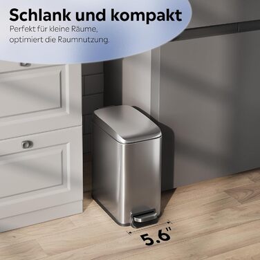 Відро для сміття WLIVE з нержавіючої сталі, 5л, з педальним механізмом та м'яким закриттям, для кухні, спальні, офісу, срібного кольору