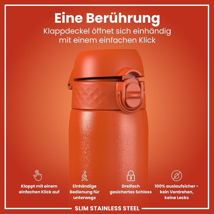 Ion8 Stainless Steel Water Bottle, 600 ml, Leak-Proof, One-Handed Opening, Secure Locking Mechanism, Dishwasher Safe, Flip-Top Lid, Carrying Handle, Easy to Clean, Durable & Scratch-Resistant (Stainless Steel, Orange)