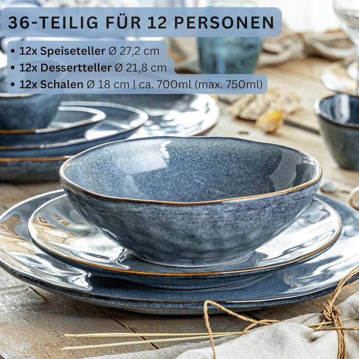 Сервіз для столу SÄNGER Darwin 36 предметів, синій, кераміка, на 12 персон, набір тарілок – обідні, десертні та глибокі, ручна робота, преміум колекція