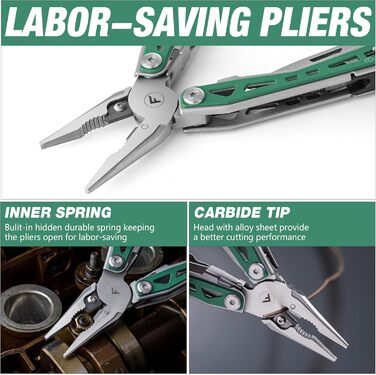 Мультитул FLISSA 16-в-1: мультиінструмент з нержавіючої сталі з ножем, ножицями, пилкою, відкривачкою для пляшок. Ідеально для кемпінгу, відпочинку на природі та ремонту. У комплекті сумка. Матовий зелений.