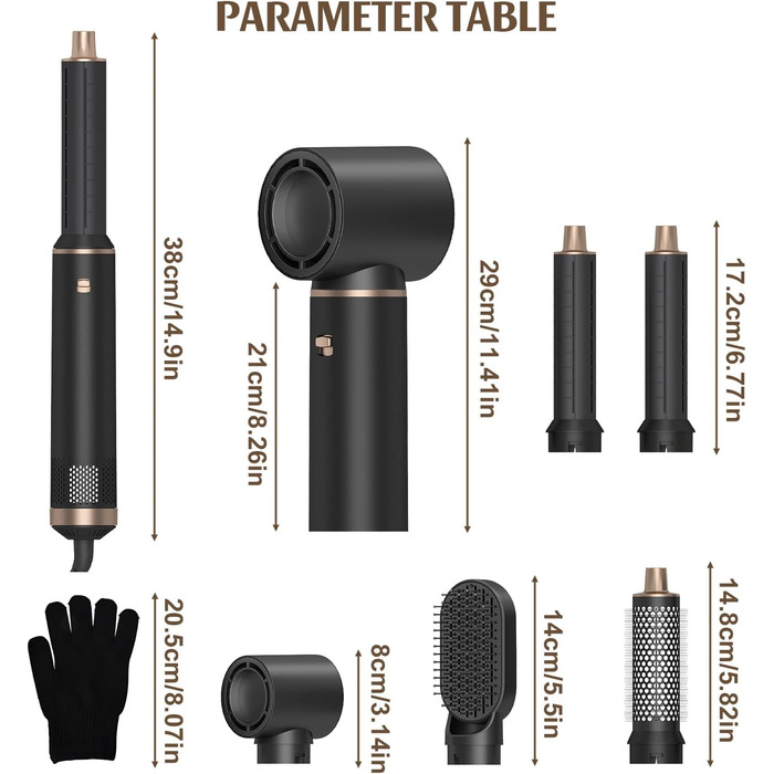 Професійний стайлер для волосся 5 в 1: фен, плойка, щипці, щітка для об'єму та випрямлення, іонний, для всіх типів волосся, чорний