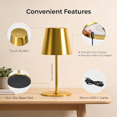 Світлодіодний настільний світильник бездротовий з димером, акумуляторний нічник сенсорний, для дому та вулиці, 3 режими світла, IP54 водонепроникний, металевий корпус (Золотий, 1 шт)