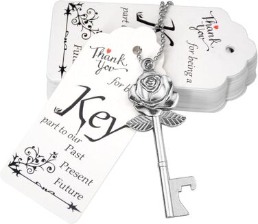 Aokbean 100 Pieces Wedding Key Bottle Opener Rose Shape Vintage Rustic Cake Accessories Suitable as a Gift for Guests with Thank You Card and Chain (Antique Silver)