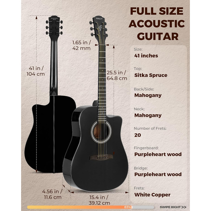 Акустична гітара Fesley X Kit FD60C, 41 дюйм, 6 струн, чорний колір, для початківців, з аксесуарами