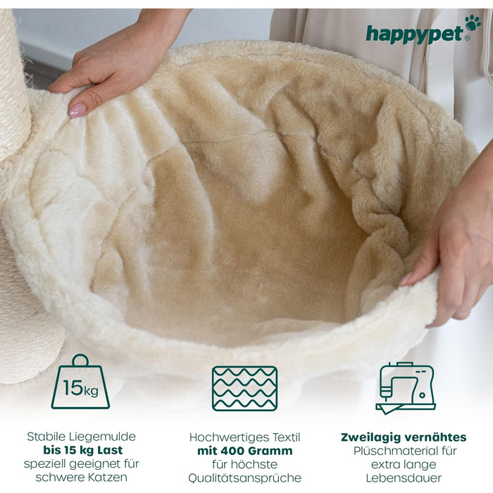 Кігтеточка HAPPYPET для котів велика 181 см - стабільний кігтеточний комплекс, товсті стовпи 11 см, будиночок та ігровий тунель, великі лежанки, стійка з когтеточкою (Бежевий)