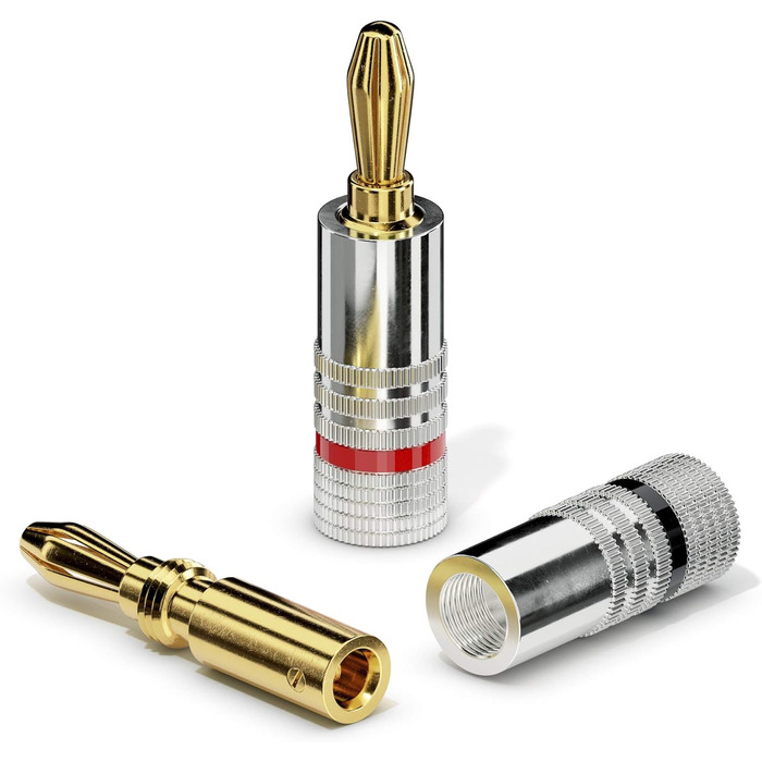 Бананові конектори Sonero® для акустичних кабелів до 6 мм², 4 шт. з кольоровим кодуванням (12x червоний, 12x чорний), 24K позолота (8 шт., High-End, Single)
