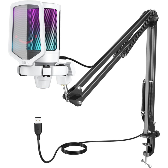 Мікрофон FIFINE для ігор та запису, USB, зі стійкою, для ПК, MAC, PS4, PS5, білий