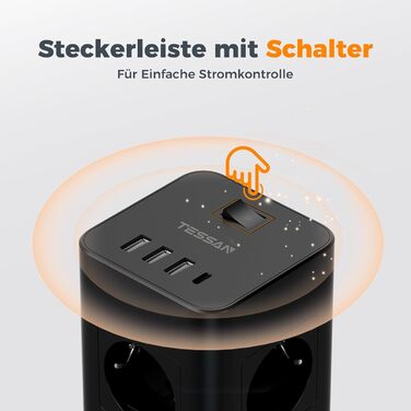 Багатофункціональна мережева розетка TESSAN з 8 розеток, 2 USB-C, захистом від перенапруги, вимикачем та кабелем 2м (3600W)