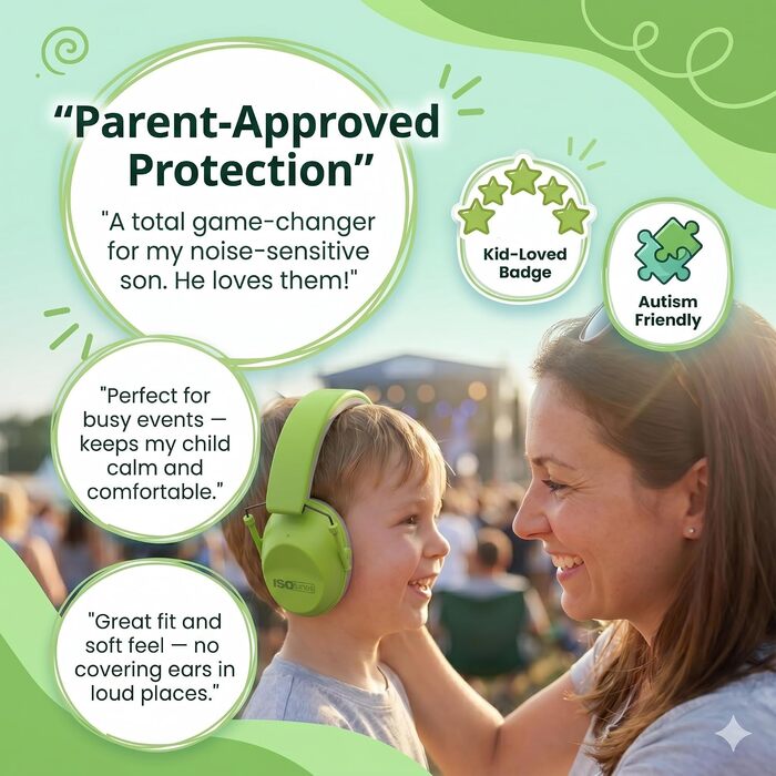 Дитячі шумопоглинаючі навушники ISOtunes Junior Defender для концертів, феєрверків та спортивних заходів, колір зелений