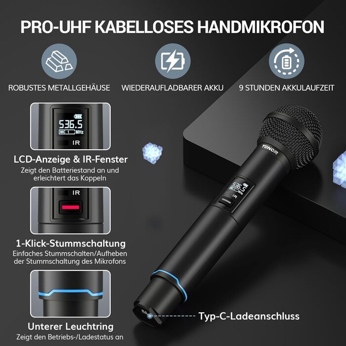 TONOR TW750 Бездротовий мікрофон UHF з регулюванням, 2 шт., 100м радіус дії, світлодіодний індикатор, автосканування, для караоке, церкви, вечірок