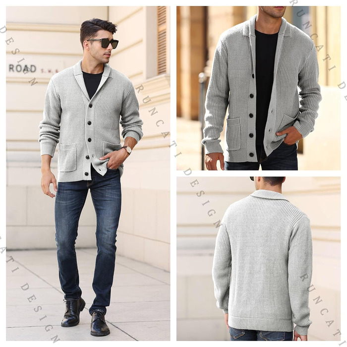 Чоловічий кардиган Runcati з грубого в'язання, з коміром-стійкою, з довгими рукавами, на ґудзиках, сірий, XL