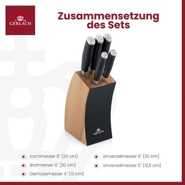 Gerlach Deco Black Knife Block Set - 5-Piece Stainless Steel Kitchen Knife Set with Wooden Block