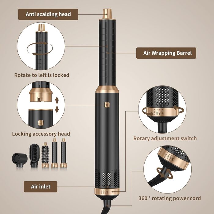 Airstyler 7 в 1: мультистайлер, фен, дифузор, плойка, щітки для волосся, 1400W, 110000 RPM (Сірий)
