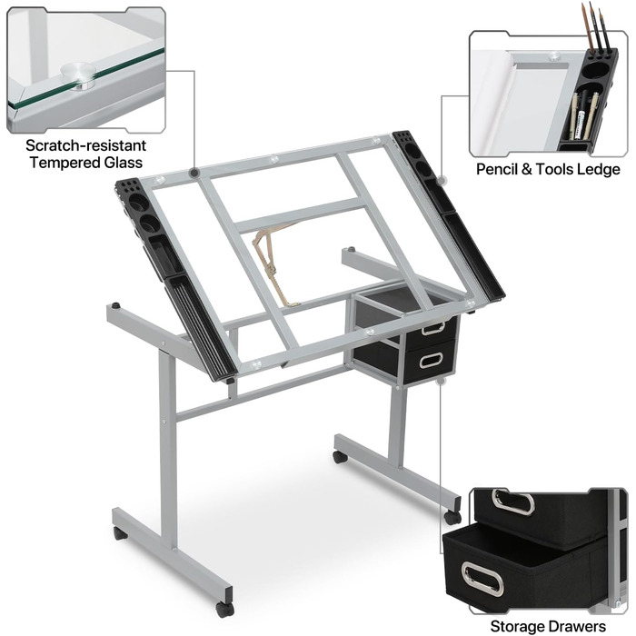 Adjustable Art Desk with Storage - Tiltable Drafting Table with Wheels - Multi-Purpose Craft Station