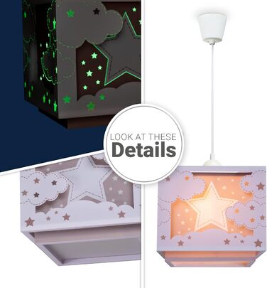 Paco Home Hanging Lamp Children's Room Ceiling Lamp Pendant Light Lampshade Fabric E27 Lion Jungle Glow-in-the-Dark (Star, Pink)