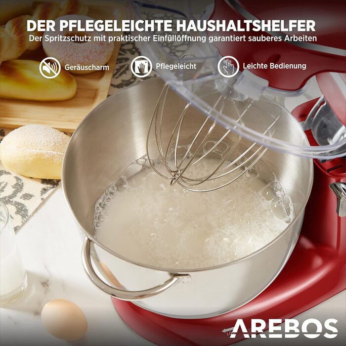 Arebos Kitchen Machine 1500W with 6L Stainless Steel Mixing Bowl | White-Rose Gold | Includes Dough Hook, Beater, Whisk | Splash Guard | 6 Speeds | Stand Mixer | Dough Machine