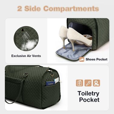 Сумка-мішок для одягу 2 в 1 для жінок, велика складана дорожня сумка Weekender з 6 органайзерами для одягу та відділенням для взуття, спортивна сумка для подорожей, ручна поклажа, чорна (3.grün, 50L)