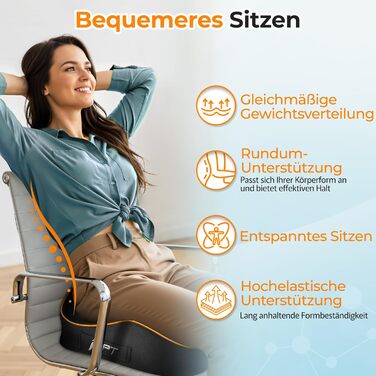 Подушка для сидіння PTYLO - ергономічна подушка для офісних крісел, автокрісел, інвалідних візків, геймінгових крісел, комфортна підтримка при тривалому сидінні, для вагітних, дихаюча, з антиковзаючим покриттям (Чорний)