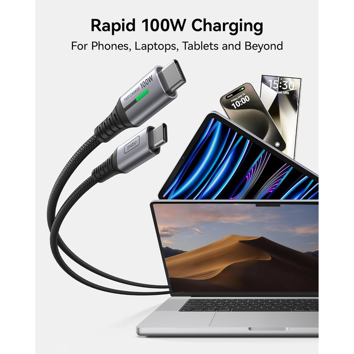 Кабель USB-C 100W з підтримкою PD3.0, 3м, чорний. Кабель USB-C для iPhone, Samsung, Pixel, iPad, MacBook. Нейлон, швидка зарядка