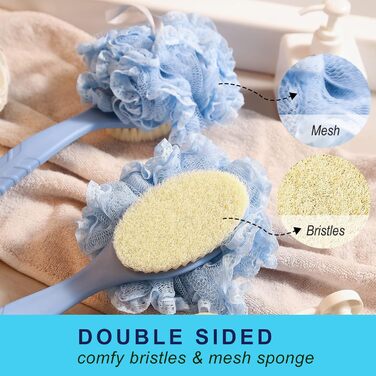 Щітка для душу з щетиною та люфою, сітчатий губка з вигнутим ергономічним руків'ям 40,6 см, для пілінгу та масажу шкіри, підходить для чоловіків та жінок (блакитна)