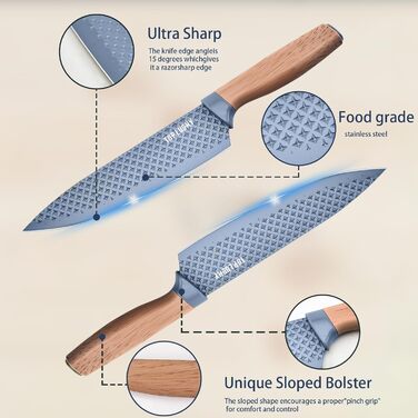Набір кухонних ножів, 6 предметів: гострі ножі з нержавіючої сталі з антипригарним покриттям, набір для кухні з підставкою (блакитний)