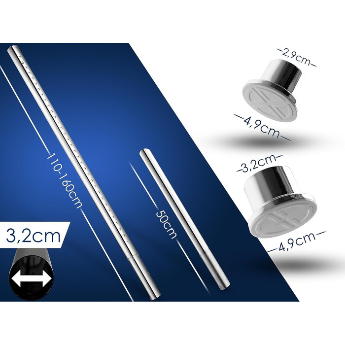 Штанга для душу без свердління 160-210 см, срібна, Ø 32 мм, телескопічна, з кріпленнями - для ванни, дверей, шафи. Нержавіюча сталь