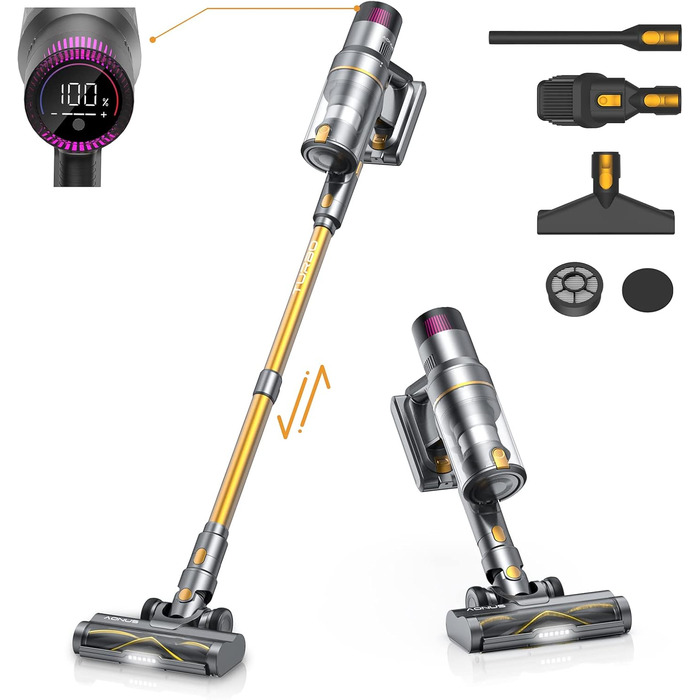 Бездротовий пилосос Aonus 55Kpa з акумулятором, Smart-дисплеєм, 75 хвилин роботи, автоматичним режимом для килимів, шерсті тварин та твердих поверхонь (жовтий)