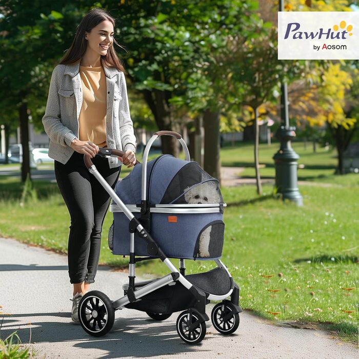 PawHut Візок для собак та котів 3-в-1, складна конструкція, до 10 кг, з подушкою, сіткою, дверима та кошиком для зберігання (Блакитний)