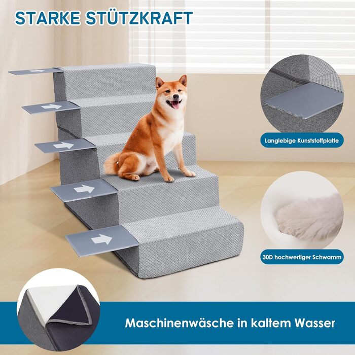 Myiosus Dog Stairs for Small Dogs, 2 Steps Pet Stairs, Waterproof Dog Steps made of Sponge, Non-Slip Dog Ramp for Sofa Bed, Dog Stairs with Washable Cover, Portable Cat Stairs (Removable 5-Step Dog Stairs, Grey)