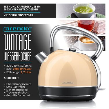 Arendo Retro Stainless Steel Kettle - Vintage Style Electric Kettle with Replaceable Scale Filter, 1.7L Capacity, Auto Shut-Off, Cool Grey