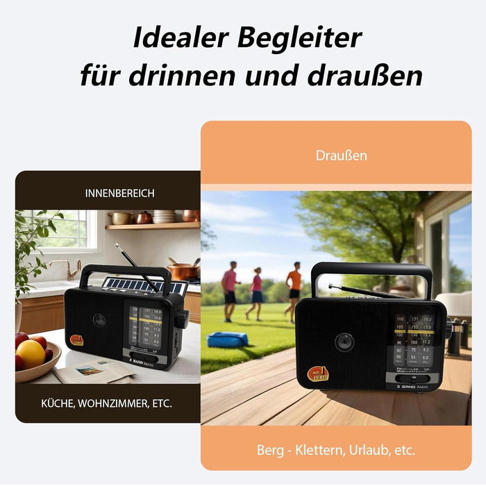 Радіо Bluetooth Klein з сонячною панеллю та акумулятором 1200mAh, AM/FM/SW приймач з 8W динаміком/TWS/USB/TF, радіо-кофеварка для кемпінгу, надзвичайних ситуацій та відпочинку на природі (Сірий/Чорний)