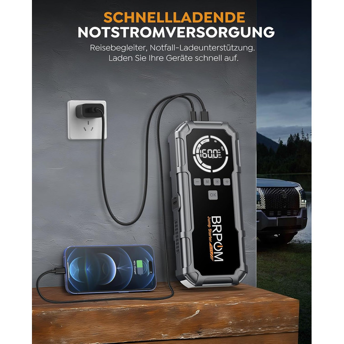 Powerbank Starthilfe BRPOM 8000A з компресором 160PSI для автомобілів, 26800mAh, підтримка бензинових та дизельних двигунів (12.0L), LED-ліхтар 600LUM, сріблясто-сірий колір