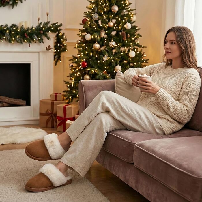 Тапочки зимові для дому та вулиці, теплі з меморі-піною, антиковзкі, для жінок та чоловіків (36.5/38 EU, темно-коричневі)