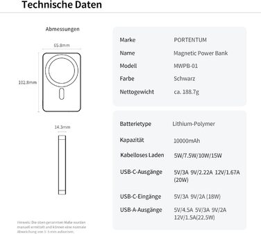 Портативний зарядний Power Bank Portentum MagSafe 10000 mAh: Швидка зарядка 22.5W, Qi 15W, USB-C, USB-A, Ultra-Slim 14mm для iPhone, Samsung, смартфонів, планшетів