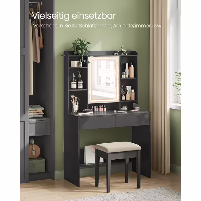 VASAGLE Vanity Table with LED Lighting, 3 Colors with Adjustable Brightness, Dressing Table with Mirror, Makeup Table with Adjustable Shelves, 2 Drawers, Modern, White RDT123T14 (Ink Black)