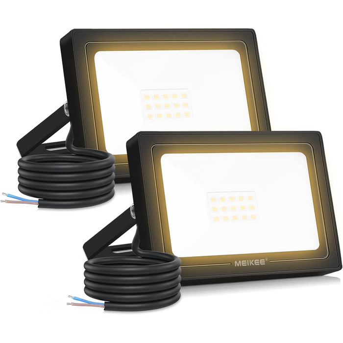 MEIKEE 60W LED Flood Light Outdoor 2700K Warm White 5200LM Super Bright LED Floodlight IP66 Waterproof Spotlight for Garden, Backyard, Driveway, Doors, Garage, Hallway 2 Pieces (15.0 Watt)