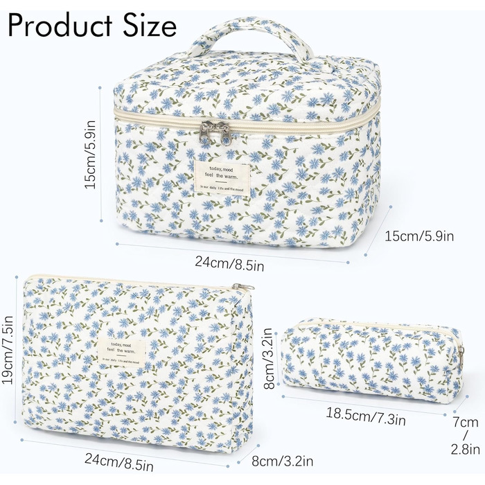 Набір косметичок для жінок: 3 шт. (великі та маленькі) - косметичка, сумочка для макіяжу, органайзер для подорожей (блакитний з квітами)