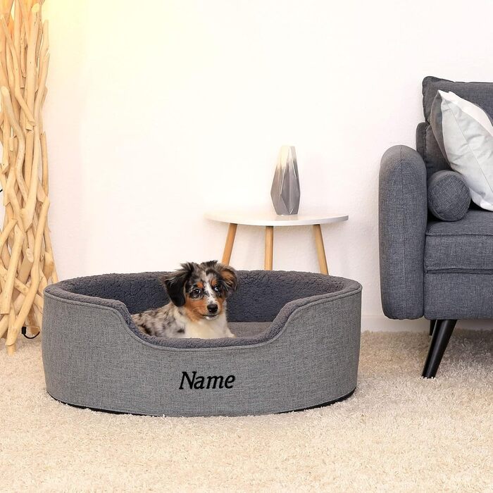 Lionto Dog Bed with Reversible Cushion and Washable Cover, Stable Dog Basket with Anti-Slip Studs, 92x72 cm, Cozy Pet Bed for Dogs and Cats with Plush, (Grey, L 83 x W 63 x H 27 cm (with name tag))
