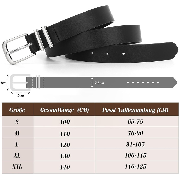 Ремінь шкіряний WHIPPY жіночий та чоловічий, срібна пряжка, для джинсів та штанів, чорний (M: 76-90 см, довжина 110 см)