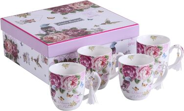 Набір порцелянових чашок London Boutique, 330 мл, 4 шт, пташки, троянда, метелик, вінтаж, подарунок