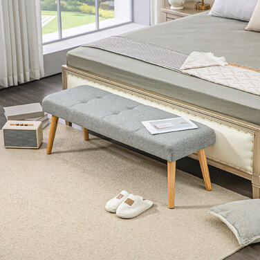 HOMCOM Bench Upholstered Bench Linen Look Button Tufting Bed Bench with Wooden Legs for Bedroom Living Room Entryway 120x41x43 cm Grey