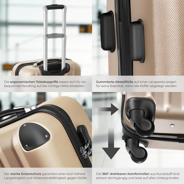 Набір валіз Tectake 3шт (M, L, XL) з вагами та білгетом, ABS, телескопічна ручка, для подорожей, колір шампань