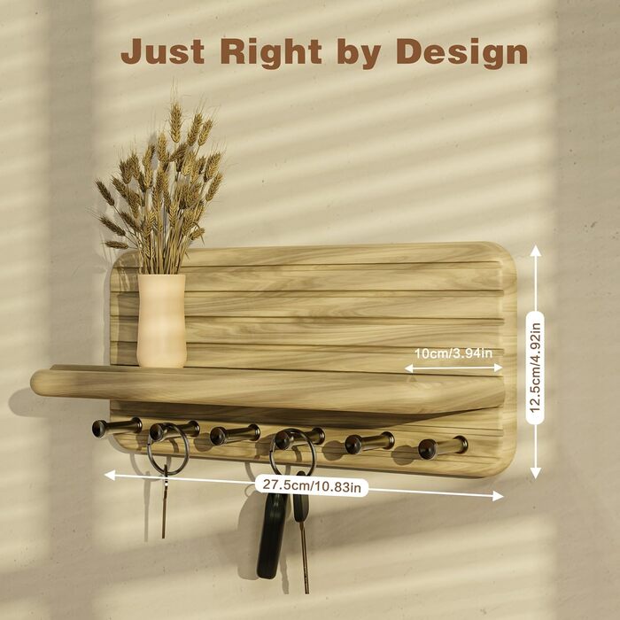 Дерев'яне ключове дошка з полицею та 6 гачками для прихожей, коридору, кухні