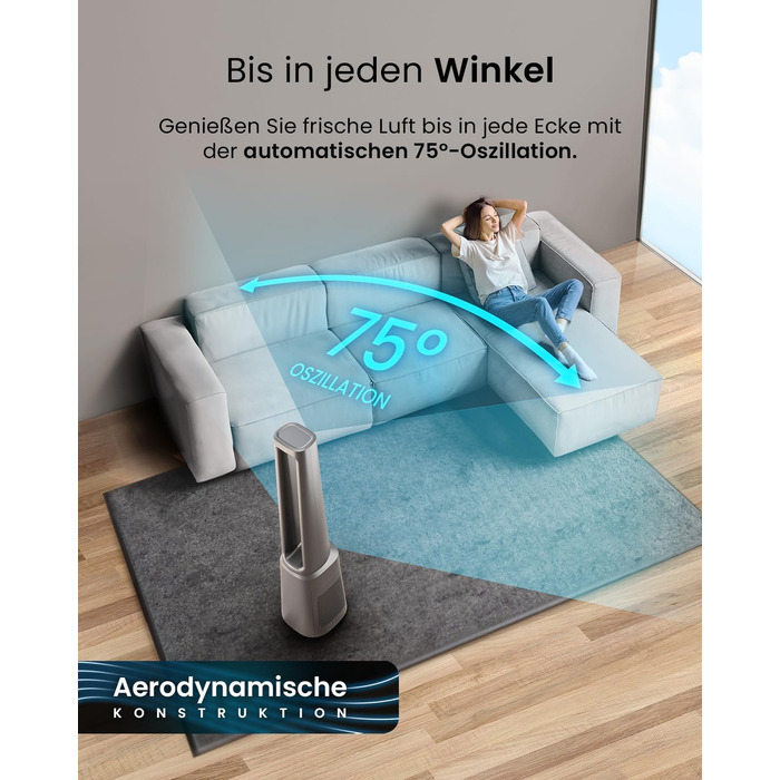 Вентилятор Pro Breeze OmniAir 105 см з очищувачем повітря: осциляція 75°, пульт, HEPA 13, LED дисплей, 10 швидкостей, тихий, 5 режимів (срібний)