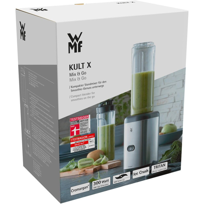 Блендер WMF Kult X Mix & Go Mini - електричний стаціонарний блендер з пляшкою 600мл, срібно-чорний