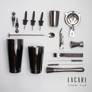 Cocktail Set | Boston Shaker Premium Bartender Set 17-Piece in Black | Lacari ORIGINAL Cocktail Shaker made of Stainless Steel | Shaker, Jigger, Pourer, Strainer, Muddler, Tongs, and more | Cocktail Accessories