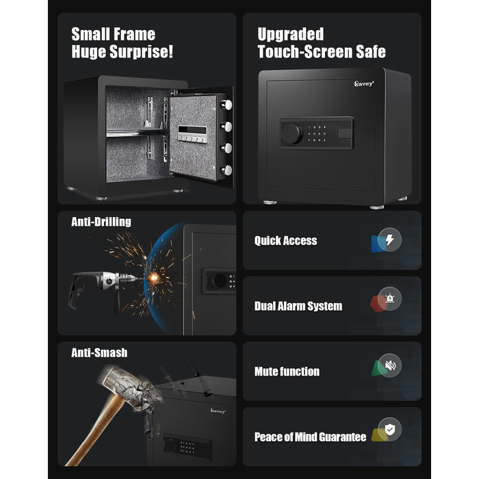 Сейф Kavey Safe Tresor: цифровий замок, подвійний захист, LED-освітлення, 40L
